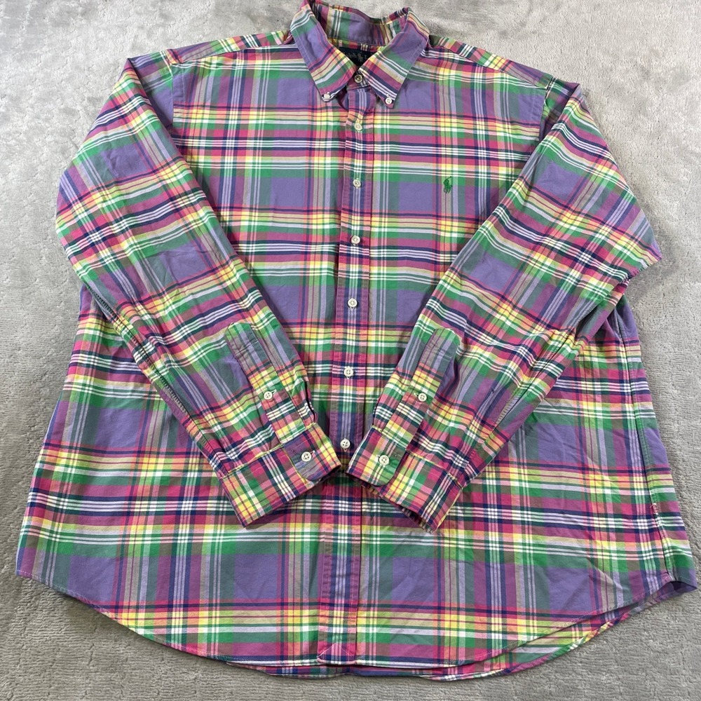 Ralph Lauren Shirt Mens XXL Plaid Purple Custom Fit Button Pastel Preppy Office
